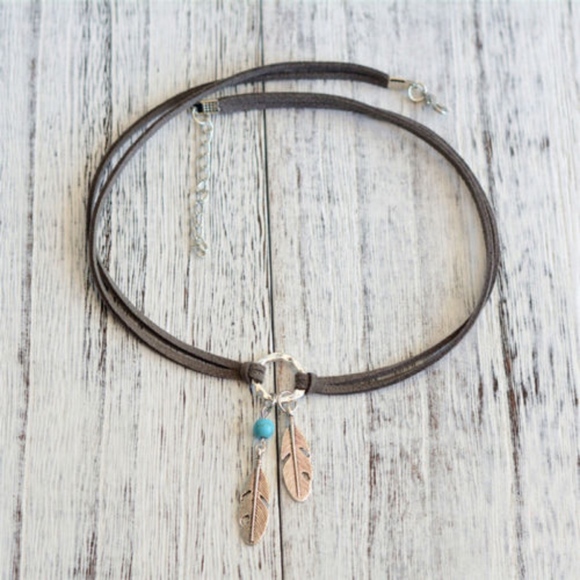 'Feather Gypsy' Turquoise Leather Choker Necklace - Picture 2 of 6